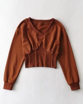 V neck Boning Corset Boning Corset Waist Controlled Long Sleeves Sweater Women Early Spring Street Short Top
