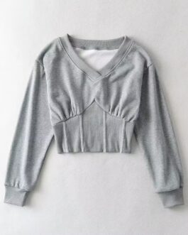 V neck Boning Corset Boning Corset Waist Controlled Long Sleeves Sweater Women Early Spring Street Short Top
