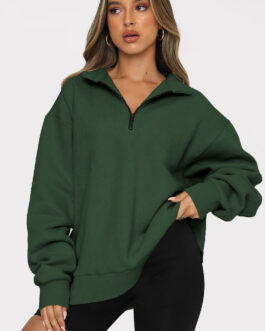 Zipper Collared Size  Independent Stand Foreign Trade Ladies Solid Color Loose Versatile Top Sweatshirt