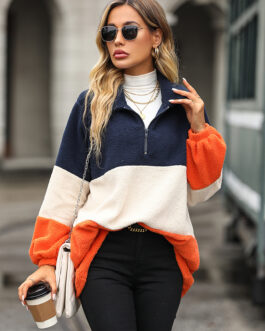 Autumn Winter Women Long Sleeve Loose Lapels Patchwork Stripes Pullover Bubble Velvet Casual Sweatshirt