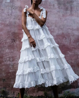 Autumn Seaside Vacation Dress Solid Color Lady Strap Cotton Puffy Fairy