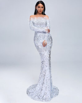 Sequined Evening Dress for Women Sexy off-Shoulder Feather Long Sleeve Party Maxi Dress