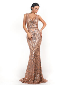 Women Evening Dress Sexy V-neck Sleeveless Sequined Geometric Abstract Vintage Backless Elegant Maxi Reflective Dress Formal Gown