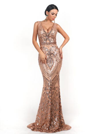 Women Evening Dress Sexy V-neck Sleeveless Sequined Geometric Abstract Vintage Backless Elegant Maxi Reflective Dress Formal Gown