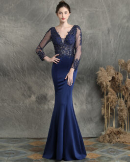 Handmade Applique Beaded Toast Dress Bride Long Long Sleeve Appreciation Dinner Fishtail  Wedding Evening Dress Formal Gown