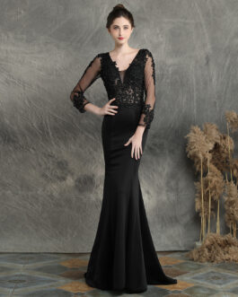 Handmade Applique Beaded Toast Dress Bride Long Long Sleeve Appreciation Dinner Fishtail  Wedding Evening Dress Formal Gown
