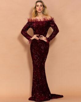 Sequined Evening Dress for Women Sexy off-Shoulder Feather Long Sleeve Party Maxi Dress