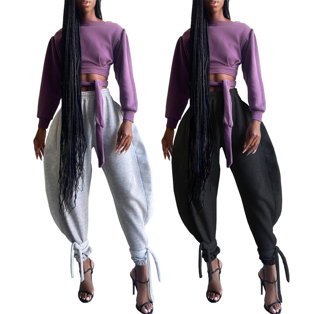 Women Clothing Sexy Nightclub Solid Color Lace-up Ankle-Tied Wide Leg Casual Sports Pants - Image 4