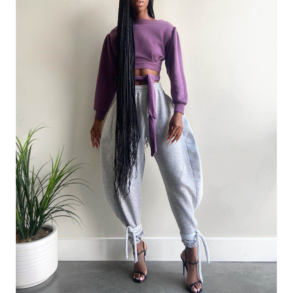 Women Clothing Sexy Nightclub Solid Color Lace-up Ankle-Tied Wide Leg Casual Sports Pants - Image 3