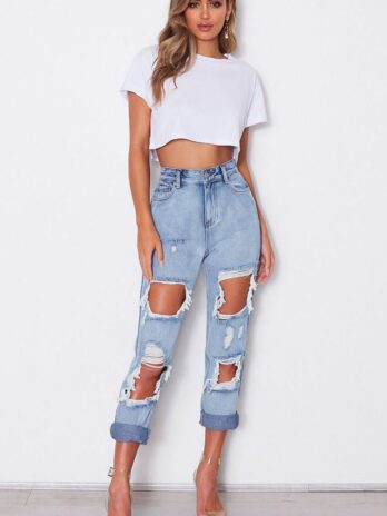 Women Clothing High Waist Loose Washed-out Denim Irregular Asymmetric Ripped Trousers