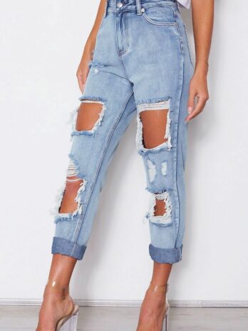 Women Clothing High Waist Loose Washed-out Denim Irregular Asymmetric Ripped Trousers