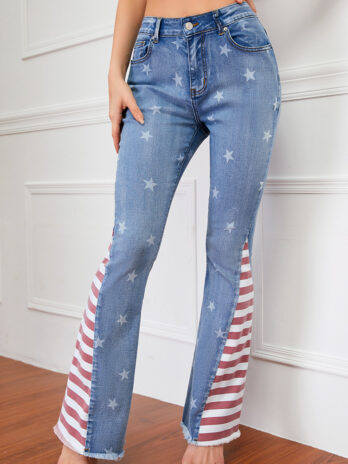 Color Matching Women Striped Jeans Printed  Pattern Mop Trousers Bell-Bottom Pants Women Spring Autumn