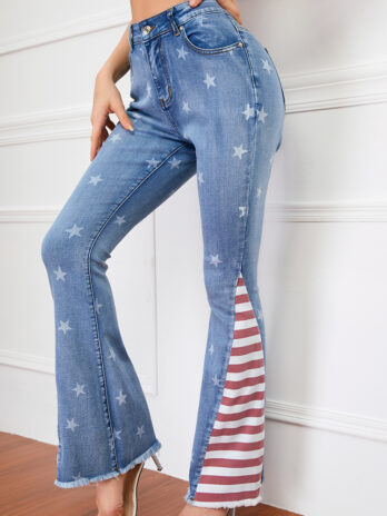 Color Matching Women Striped Jeans Printed  Pattern Mop Trousers Bell-Bottom Pants Women Spring Autumn