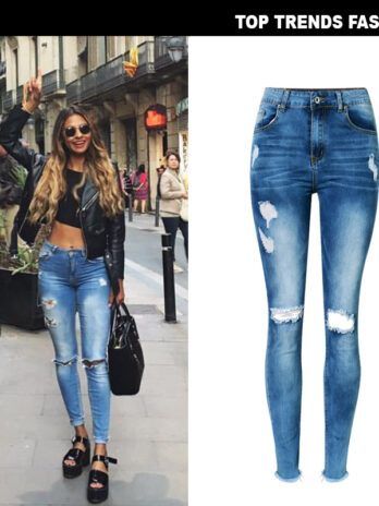 Women Clothing High Waist Slim Stretch Denim (ankle-length Pants) Washed Irregular Asymmetric Ripped Tassel
