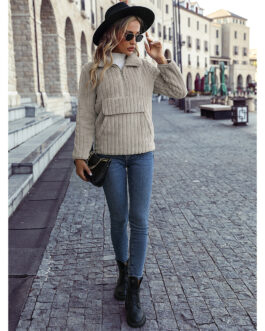 Autumn Winter Women Wear Collared Long Sleeve Pullover Half Zipper Sunken Stripe Plush Casual Sweatshirt