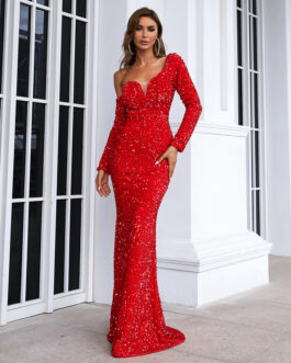 Long  Fishtail off-Shoulder Long Sleeve off Shoulder Red V-neck Elegant Evening Dress Formal Gown