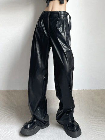 Graceful Personality Adult Lady like Woman Handsome Locomotive Leather Pants Metal Buckle Belt Loose Casual Straight Trousers