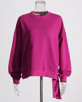 Design Solid Color Patchwork Sweater Autumn round Neck Long Sleeve Loose Irregular Asymmetric Top for Women