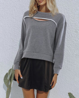 Simple Casual Autumn round Neck Long Sleeve Neckline Personality Hollow Out Cutout out Design Solid Color Women Regular Bathroom