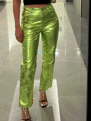 Women Clothing Autumn High Waist Faux Leather Pants Women Candy Colored Casual Pants