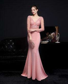 Full Craft Lace Diamond Toast Dress Bride Long Long Sleeve Appreciation Dinner Fishtail Evening Dress Formal Gown