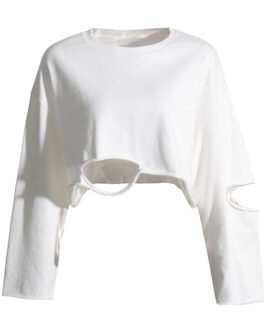 Personal Casual Korean Loose Pullover Sweater Autumn Round Neck Long Sleeve Hollow Out Cutout Out Ripped Short Top