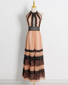 Refined Handmade Lace Maxi Dress Autumn Crew Neck Sleeveless Hollow Out Cutout out Stitching Waist Trimming Ruffles Dress