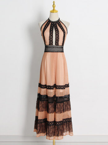 Refined Handmade Lace Maxi Dress Autumn Crew Neck Sleeveless Hollow Out Cutout out Stitching Waist Trimming Ruffles Dress