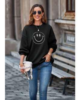 Autumn Winter Smiley Sweatshirt Round Neck Drop Shoulder Loose Pullover