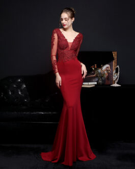 Full Craft Lace Diamond Toast Dress Bride Long Long Sleeve Appreciation Dinner Fishtail Evening Dress Formal Gown