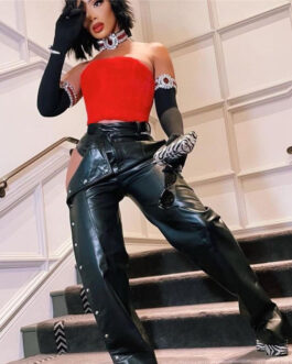 Fall Women Clothing Sexy Cutout Hip Raise High Waist Tight Buttons Slit Faux Leather Casual Pants