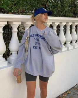 Gray Hoodless Sweater Women round Neck Cashmere Trendy Autumn Winter Letter Graphic Print Top
