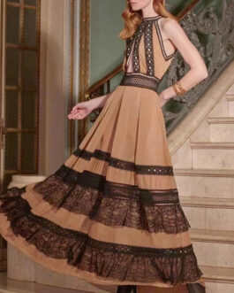 Refined Handmade Lace Maxi Dress Autumn Crew Neck Sleeveless Hollow Out Cutout out Stitching Waist Trimming Ruffles Dress