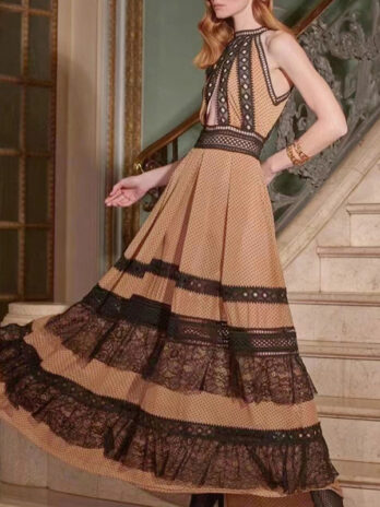 Refined Handmade Lace Maxi Dress Autumn Crew Neck Sleeveless Hollow Out Cutout out Stitching Waist Trimming Ruffles Dress