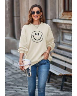 Autumn Winter Smiley Sweatshirt Round Neck Drop Shoulder Loose Pullover