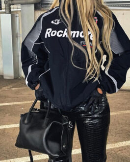 Street Vintage Printed Stitching Motorcycle Windbreaker Women Sexy Loose Cool Half High Collar Zipper