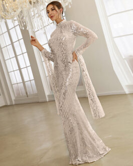 Fairy Temperamental Wedding Super Long Sleeve Long Sequined Banquet Sheath Fishtail Evening Dress for Women