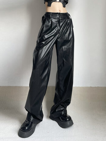 Graceful Personality Adult Lady like Woman Handsome Locomotive Leather Pants Metal Buckle Belt Loose Casual Straight Trousers