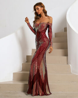 Red off-Neck Sheath Wrapped Chest Wedding Toast Dress Banquet Sequined Evening Dress Prom Formal Gown