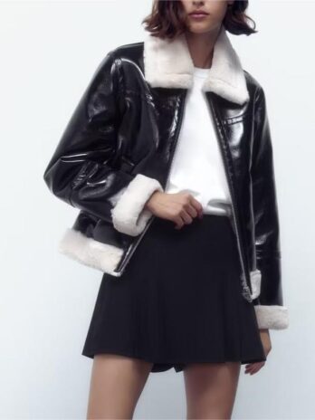 Autumn Faux Faux Shearling Jacket Short Large Collared Motorcycle Clothing Jacket Coat for Women