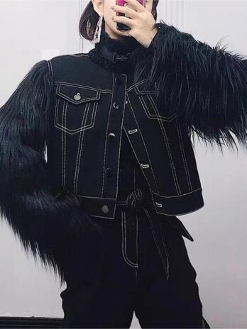 Autumn Winter Oversleeves Patchwork Turtleneck Black Single reasted Solid Color Loose Short Denim Jacket