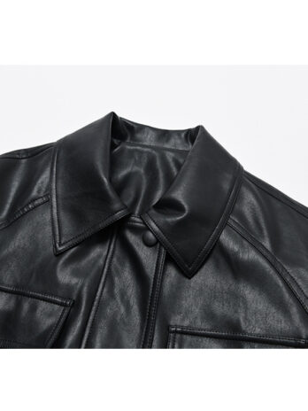 Spring Autumn Haining Leather Coat Women Motorcycle Clothing Mid-Length Retro Loose Black Faux Leather Shirt