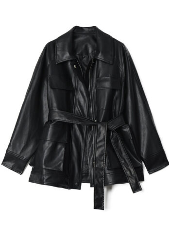 Spring Autumn Haining Leather Coat Women Motorcycle Clothing Mid-Length Retro Loose Black Faux Leather Shirt