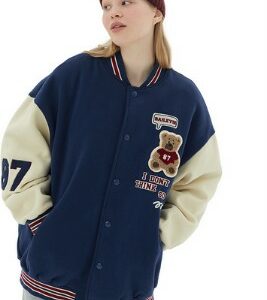 Brushed Jacket Casual Bear Letter Graphic Japanese College Jacket Coat for Men Women Couple Tops Varsity Jacket