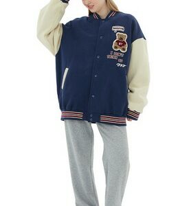 Brushed Jacket Casual Bear Letter Graphic Japanese College Jacket Coat for Men Women Couple Tops Varsity Jacket