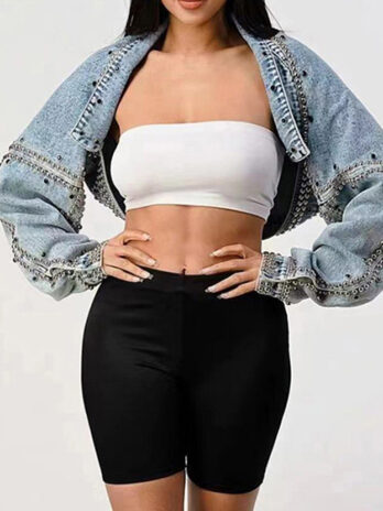 Fashionable Shawl Denim Top Autumn Loose Long Sleeve Heavy Industry Rivets Short Coat Women
