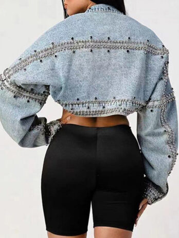 Fashionable Shawl Denim Top Autumn Loose Long Sleeve Heavy Industry Rivets Short Coat Women