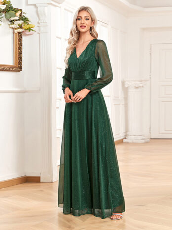 Women Elegant V Neck Shiny Chiffon Evening Dress A line Sheer Long Sleeve Wedding Party Dress Bridesmaid