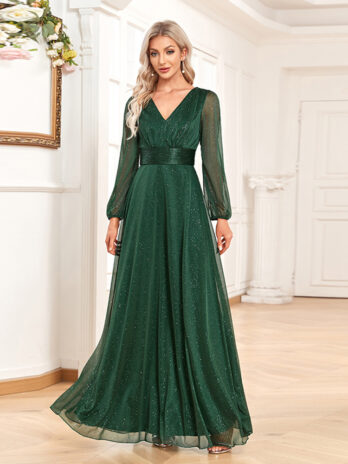 Women Elegant V Neck Shiny Chiffon Evening Dress A line Sheer Long Sleeve Wedding Party Dress Bridesmaid