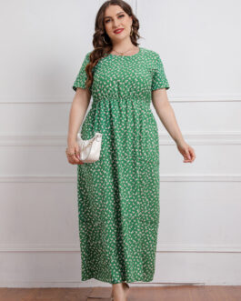 Plus Size Summer  Women round Neck Girls Floral Short Sleeve Dress
